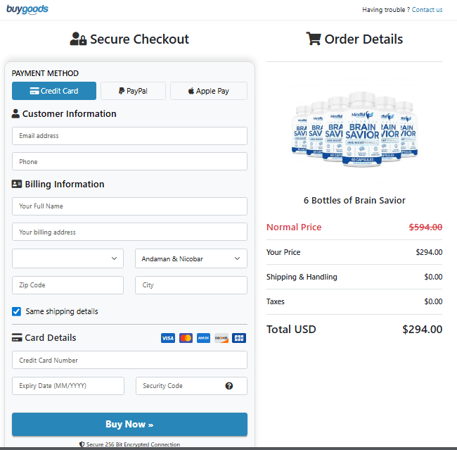 Brain Savior Checkout page